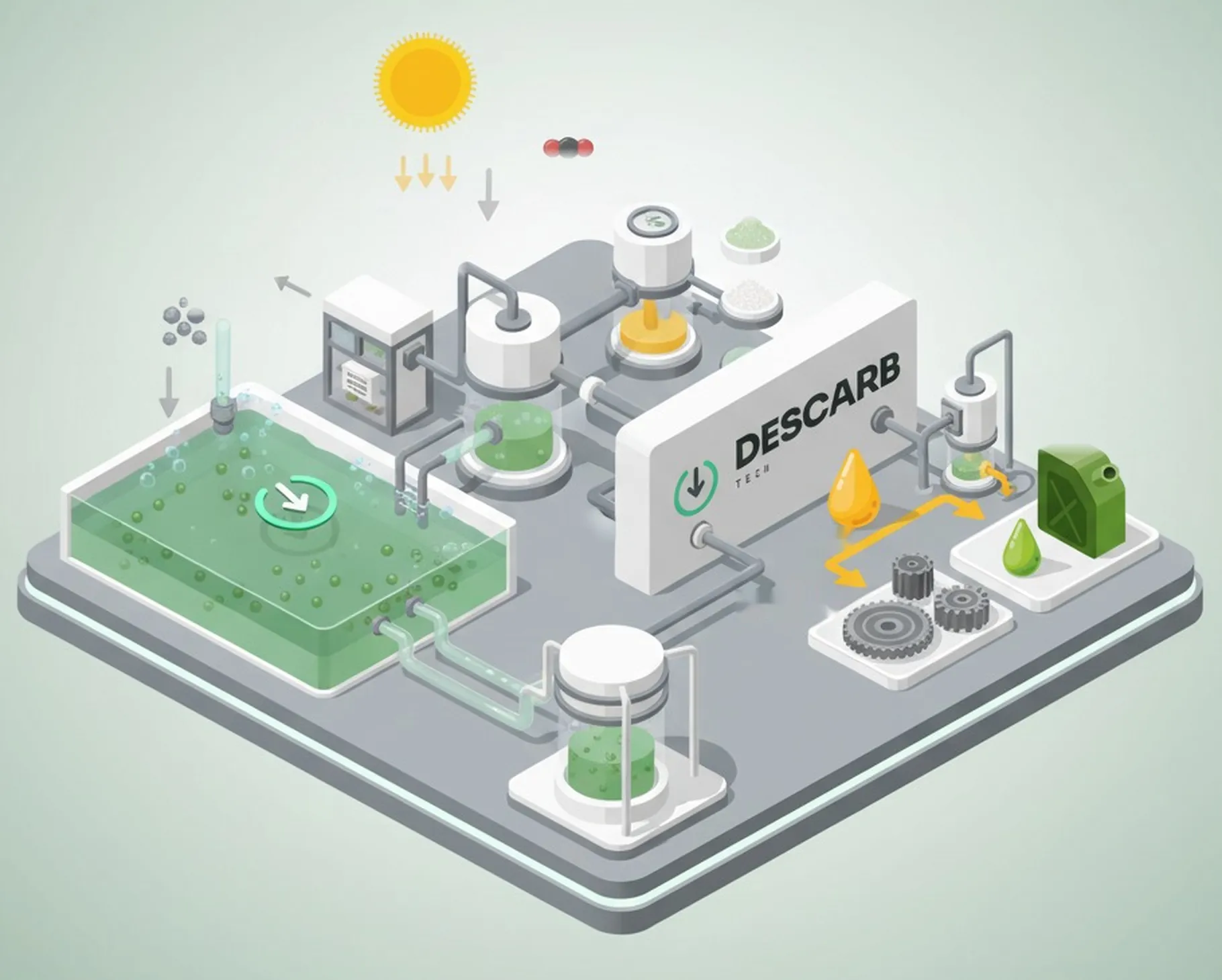 Esquema isométrico de uma planta DesCarb: luz solar e uma corrente de CO₂ alimentam microalgas em fotobiorreator; a biomassa colhida é processada e origina proteínas, óleos, lubrificantes e bioplásticos.