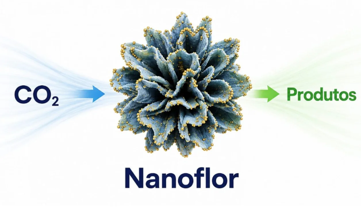 Ilustração da matéria do IQSC-USP: uma nanoflor de fosfato de cobre recebe CO₂ à esquerda e gera produtos à direita.